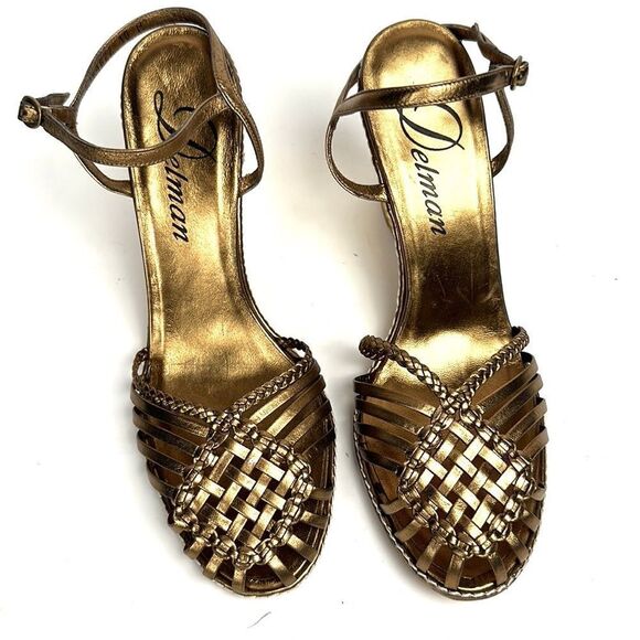 NWOB DELMAN Leather Strappy Wedge Gold Sandals Ankle Strap Made in Spain 40 US 9 - Picture 4 of 14